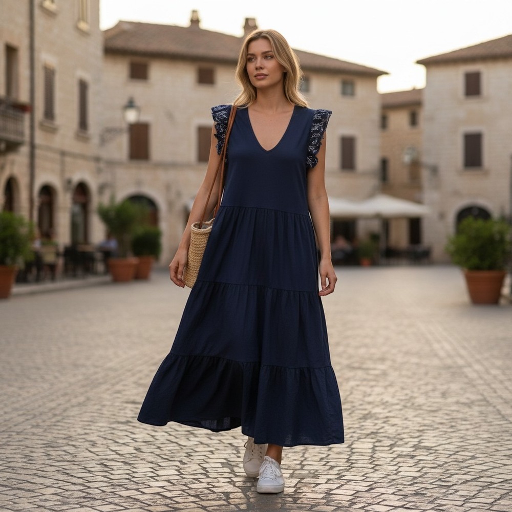 Lane Bryant Maxi Dress Womens‎ 26/28 Navy Blue Eyelet Lace Quiet Luxury Flowy